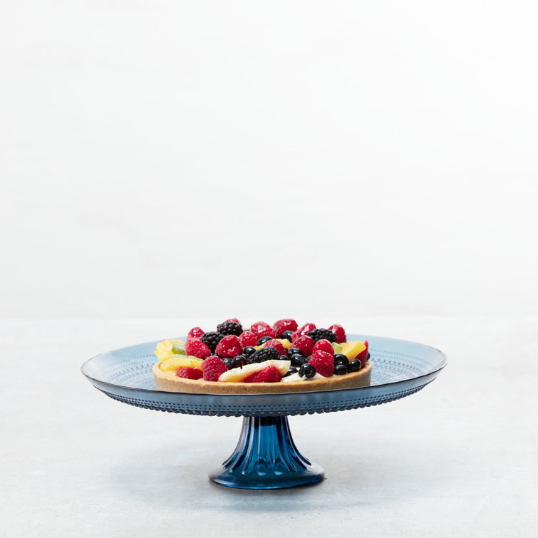 Blue Glass Pedestal Cake Stand with Beaded Detailing