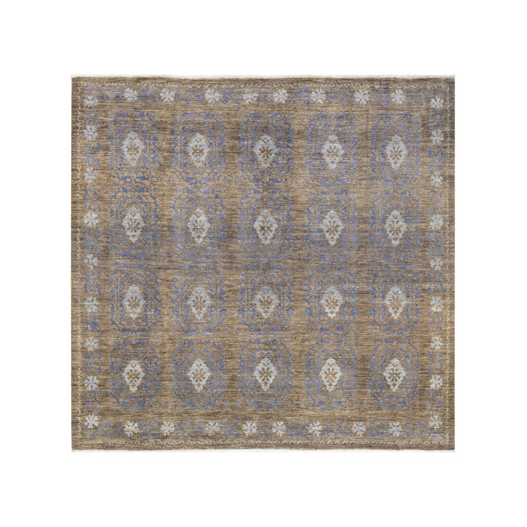 Hand-Knotted Gray Wool Geometric Square Area Rug