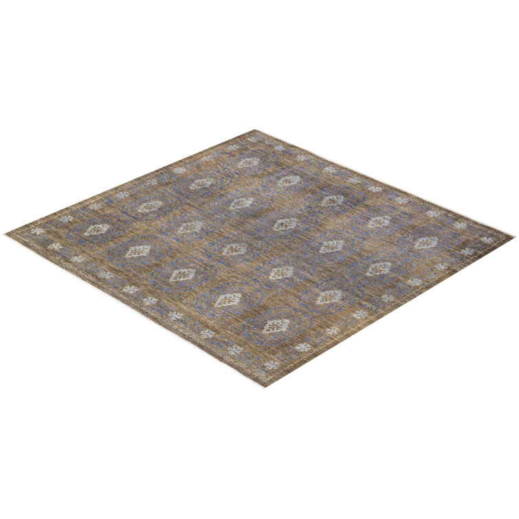 Hand-Knotted Gray Wool Geometric Square Area Rug
