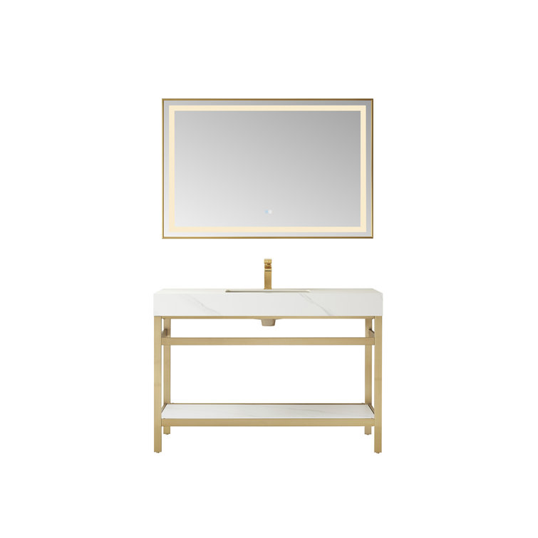 Elegant 48'' Freestanding Single Sink Bathroom Vanity in Brushed Gold with White Stone Top