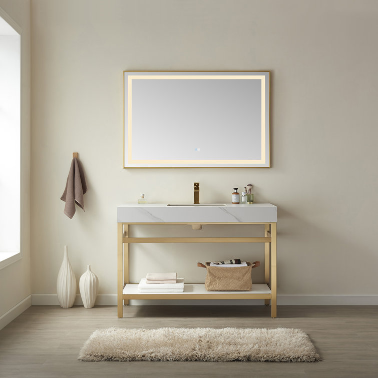 Elegant 48'' Freestanding Single Sink Bathroom Vanity in Brushed Gold with White Stone Top