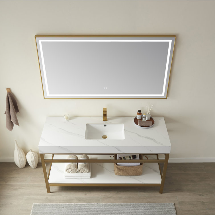 Elegant 48'' Freestanding Single Sink Bathroom Vanity in Brushed Gold with White Stone Top