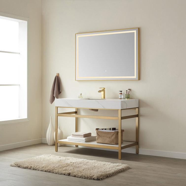 Elegant 48'' Freestanding Single Sink Bathroom Vanity in Brushed Gold with White Stone Top