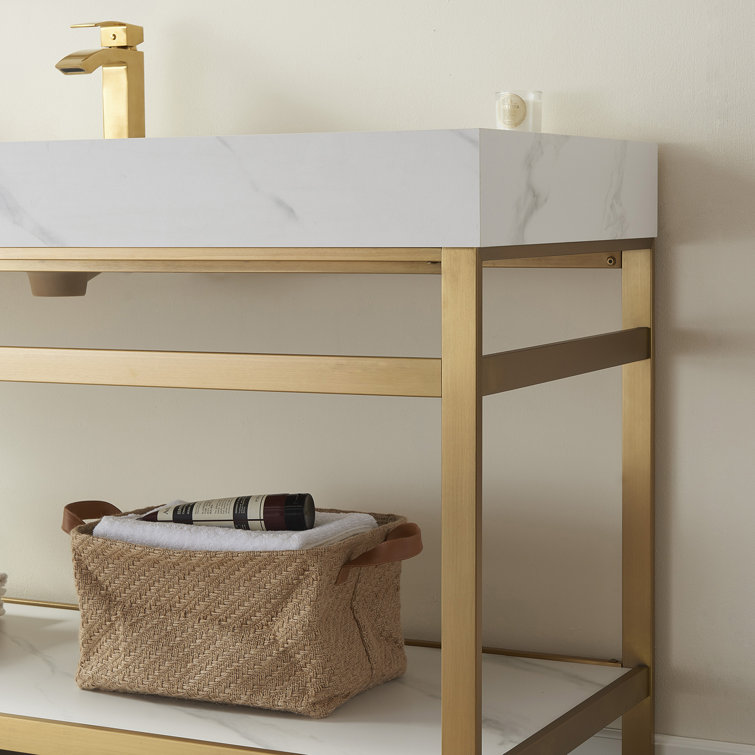 Elegant 48'' Freestanding Single Sink Bathroom Vanity in Brushed Gold with White Stone Top
