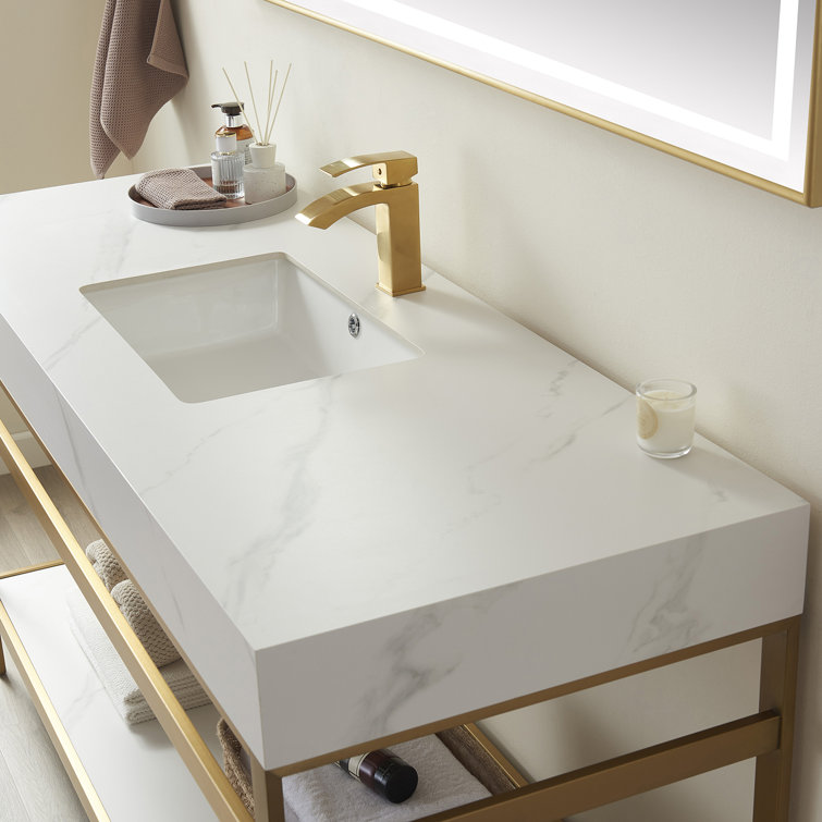 Elegant 48'' Freestanding Single Sink Bathroom Vanity in Brushed Gold with White Stone Top