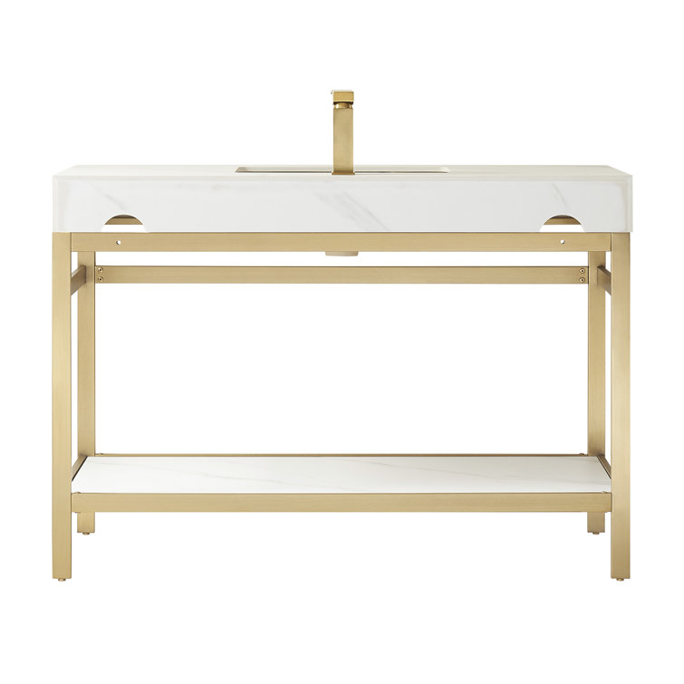 Elegant 48'' Freestanding Single Sink Bathroom Vanity in Brushed Gold with White Stone Top