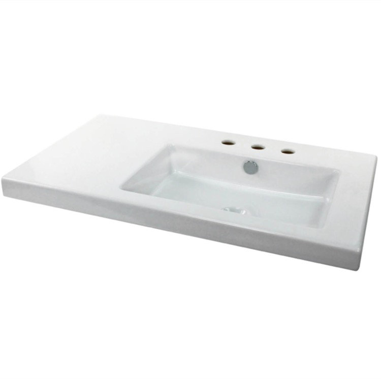 Glossy White Ceramic Wall-Mount Rectangular Bathroom Sink with Overflow