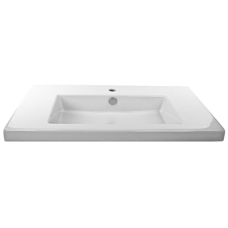 Glossy White Ceramic Rectangular Wall-Mounted Bathroom Sink