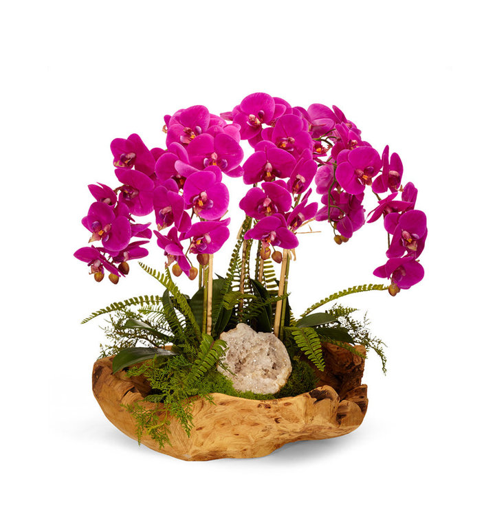 Fuchsia Orchid Centerpiece in Rustic Wooden Planter
