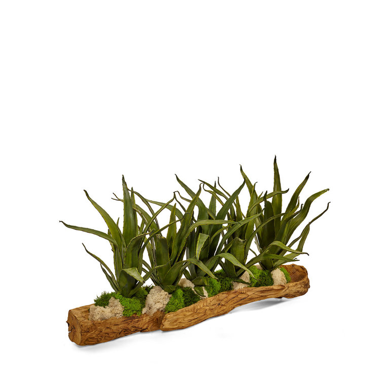 Hand-Carved Brown Wood Log Planter with Faux Succulents