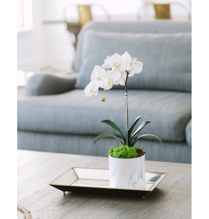 White Faux Orchid Arrangement in Marble Pot