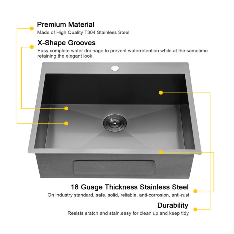 28" Gunmetal Black Stainless Steel Single Bowl Drop-In Kitchen Sink