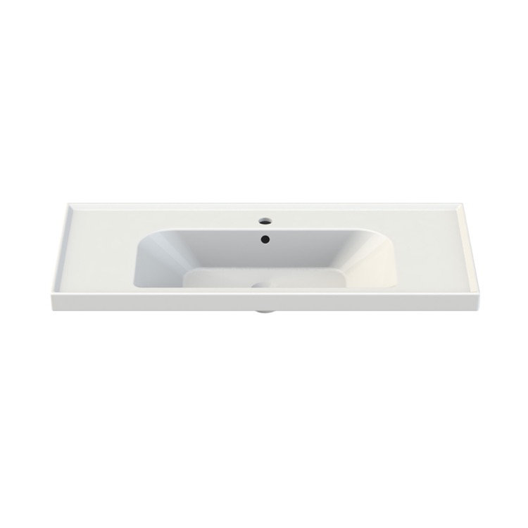 Glossy White Ceramic Rectangular Wall-Mount Bathroom Sink