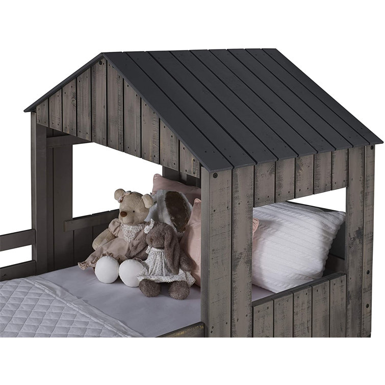 Rustic Gray Pinewood Twin Over Full Loft Bunk Bed with Drawers