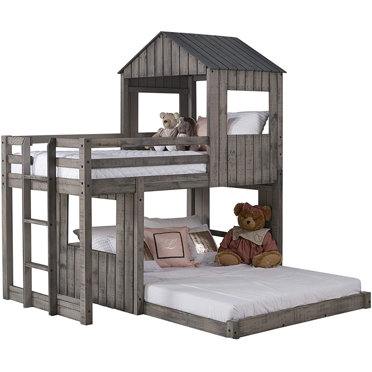 Rustic Gray Pinewood Twin Over Full Loft Bunk Bed with Drawers