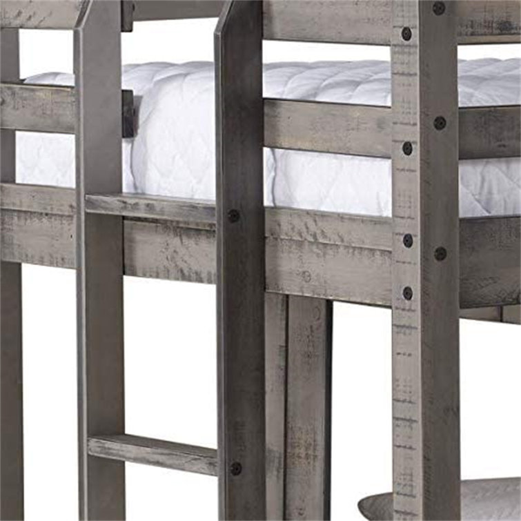 Rustic Gray Pinewood Twin Over Full Loft Bunk Bed with Drawers