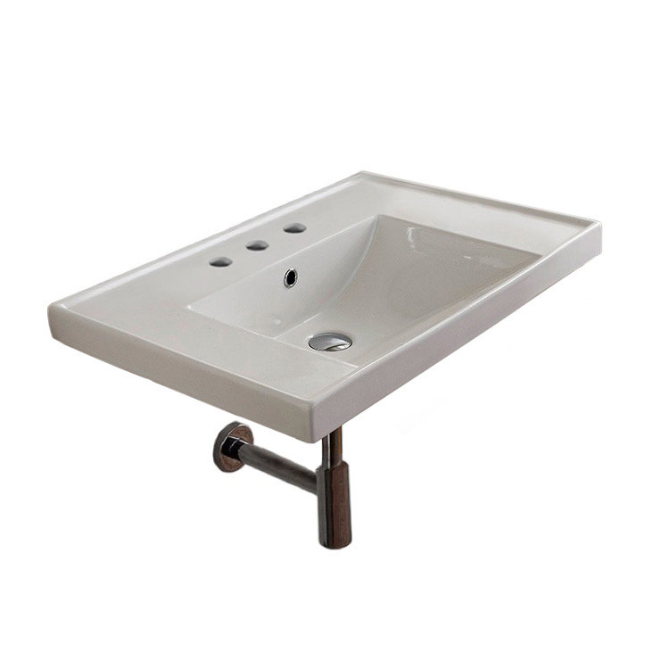 Glossy White Ceramic Rectangular Wall Mount Bathroom Sink with Overflow