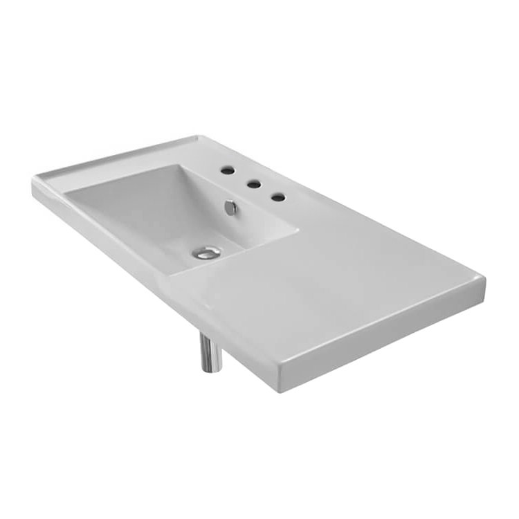 Glossy White Ceramic Wall-Mount Pedestal Sink with Three Holes