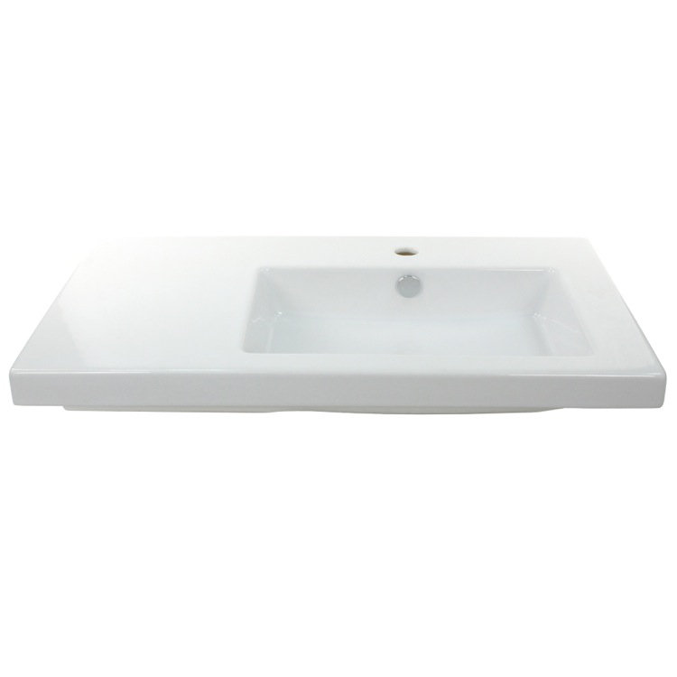 Glossy White Ceramic Wall-Mount Rectangular Bathroom Sink