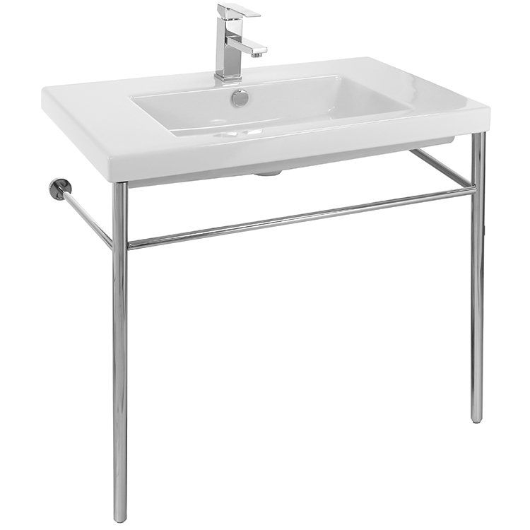 Glossy White Ceramic Rectangular Wall-Mounted Bathroom Sink