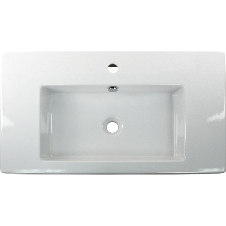 Glossy White Ceramic Rectangular Wall-Mounted Bathroom Sink