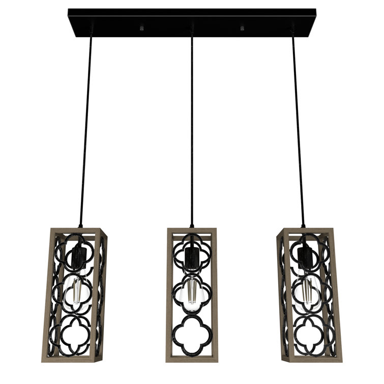 French Oak and Black Aluminum 3-Light Pendant