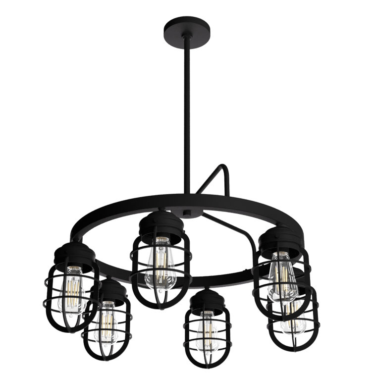 Black Industrial Cage 6-Light Wagon Wheel Chandelier