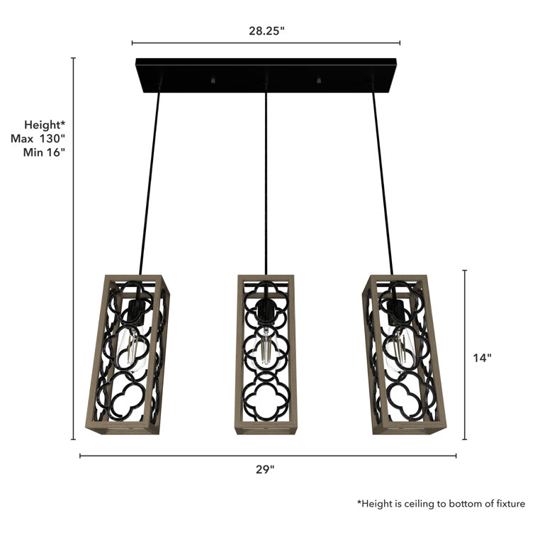French Oak and Black Aluminum 3-Light Pendant