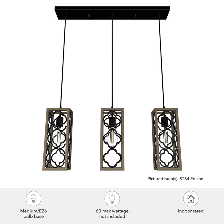 French Oak and Black Aluminum 3-Light Pendant