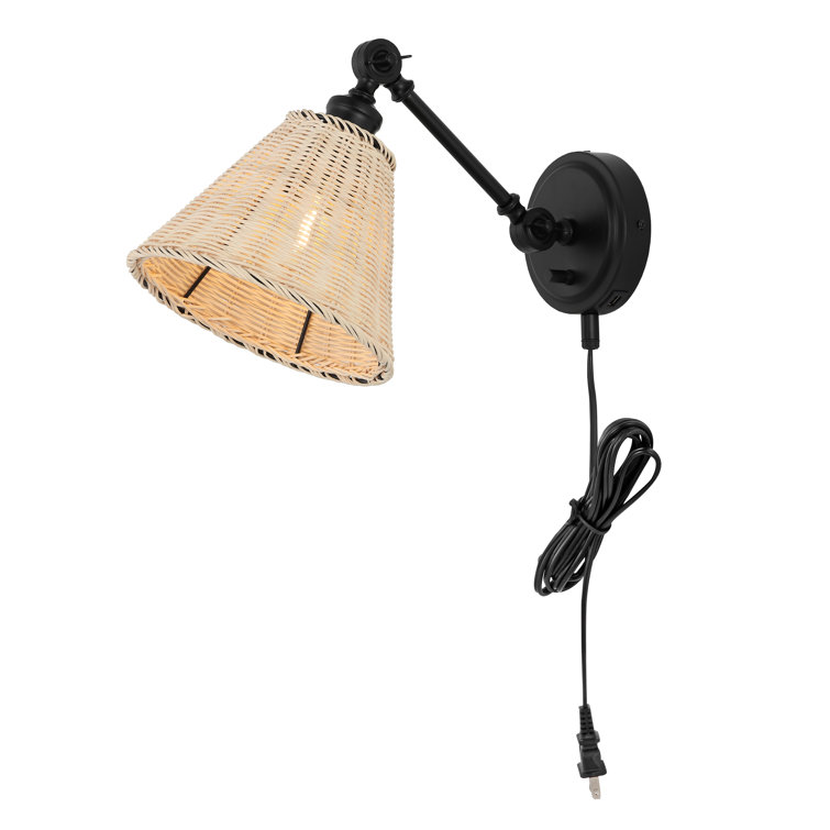 Oswynn Adjustable Black Metal and Natural Rattan Wall Sconce, Set of 2