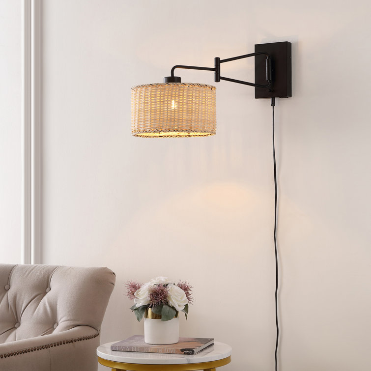 Black Iron Wall Sconce with Natural Rattan Shade, Set of 2