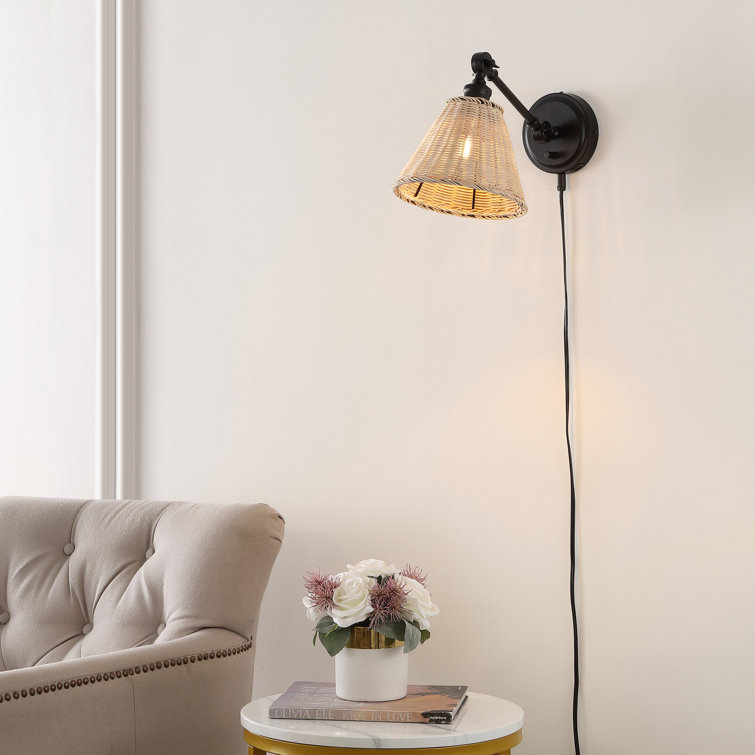 Oswynn Adjustable Black Metal and Natural Rattan Wall Sconce, Set of 2