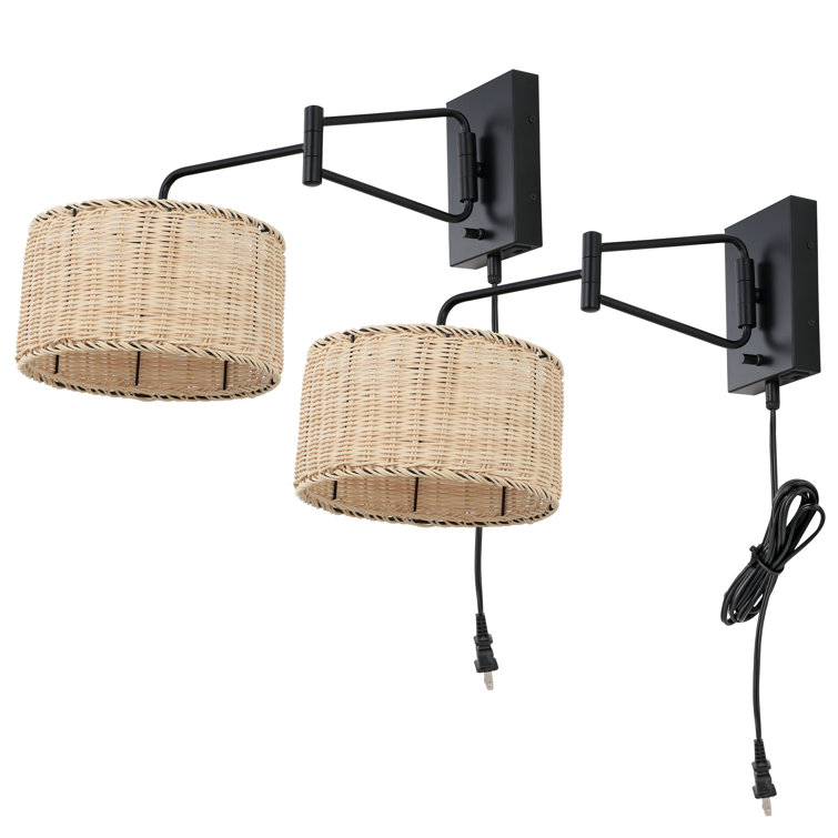 Black Iron Wall Sconce with Natural Rattan Shade, Set of 2