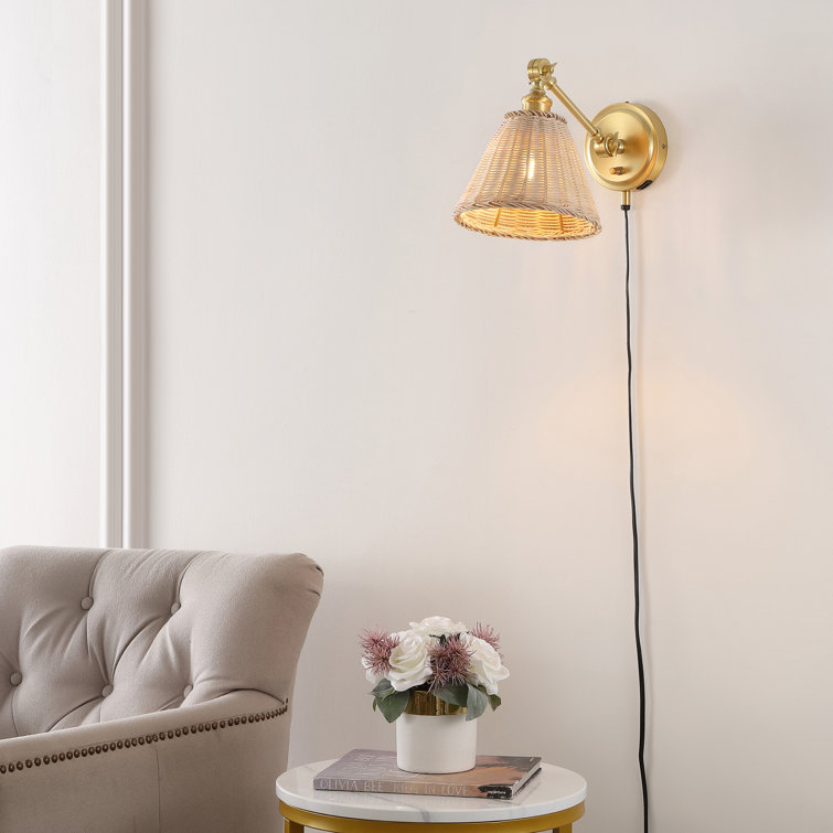 Oswynn Brass and Rattan 15" Plug-In Wall Sconce Set
