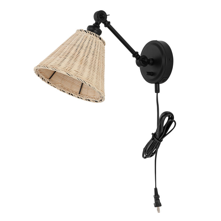 Oswynn Adjustable Black Metal and Natural Rattan Wall Sconce, Set of 2