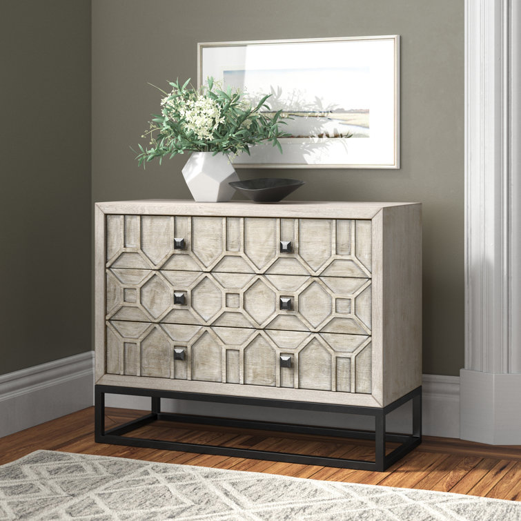 Genevieve Light Brown 3-Drawer Accent Cabinet with Antiqued Metal Base