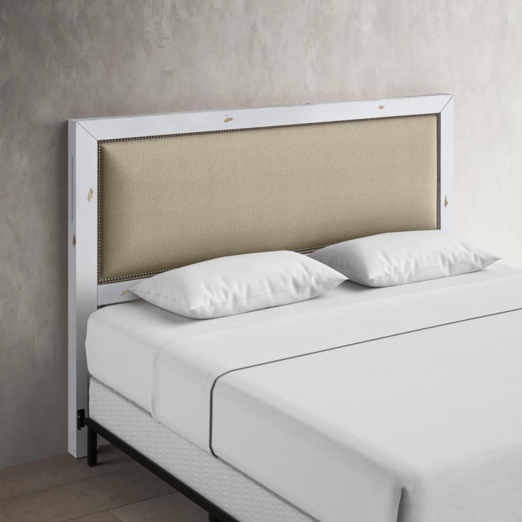 Rustic Pine Queen Bed with Linen Upholstered Headboard and Storage