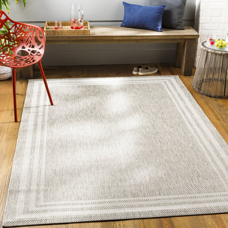 Gray and Taupe Synthetic Runner Rug with Geometric Border