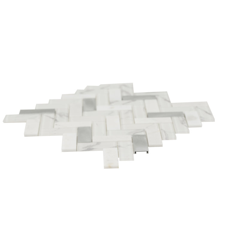Bytle Bianco Herringbone 12'' x 12'' Stone, Glass, and Metal Mosaic Tile