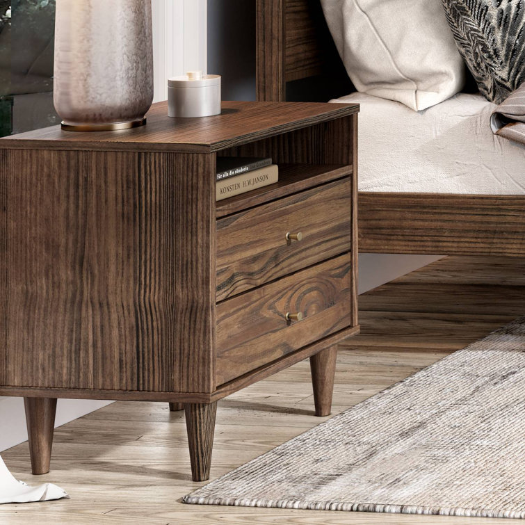 Brushed Walnut Mid Century 2-Drawer Solid Wood Nightstand
