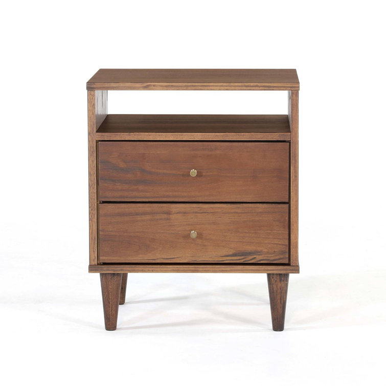 Brushed Walnut Mid Century 2-Drawer Solid Wood Nightstand