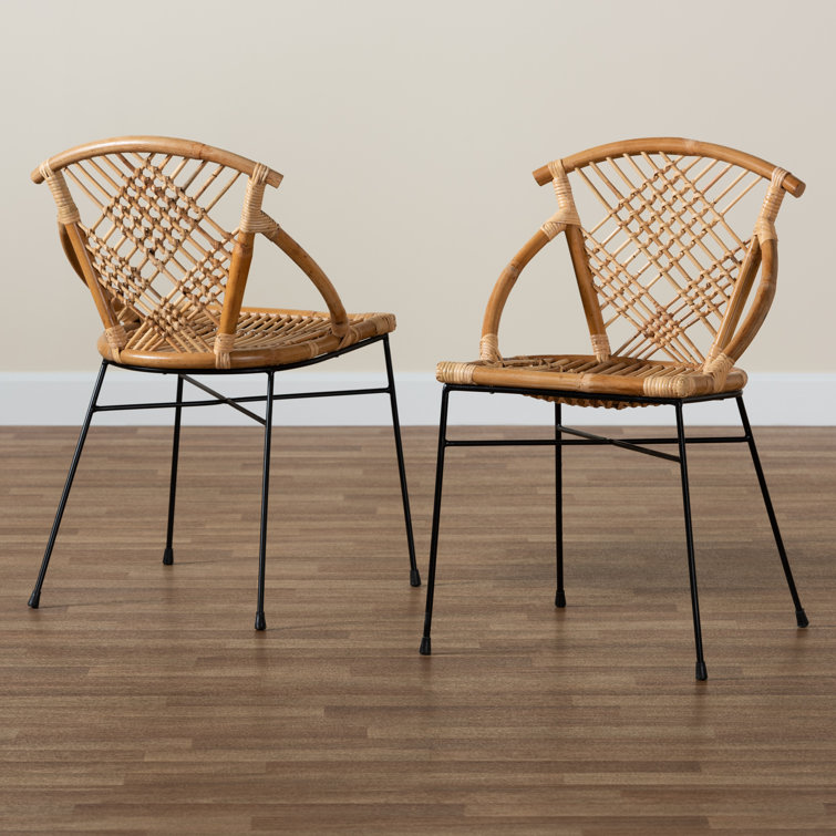 Natural Brown Rattan and Black Metal Dining Chair Set