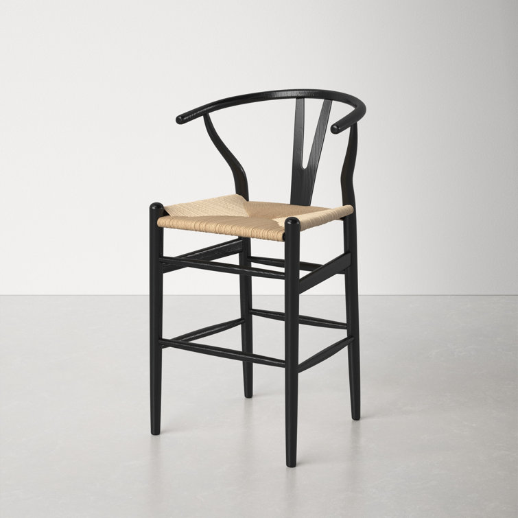 Black and Natural Wood Counter Stool with Wicker Seat