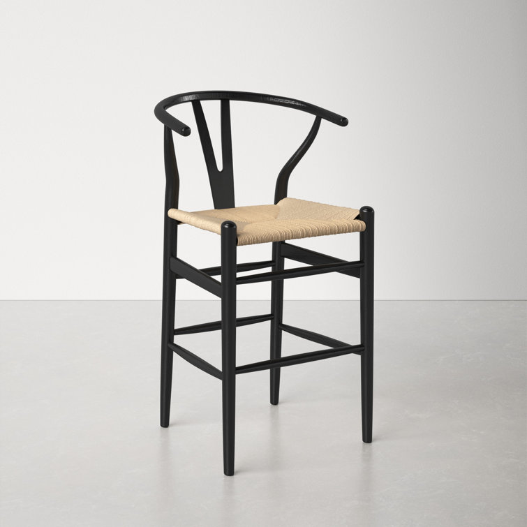 Black and Natural Wood Counter Stool with Wicker Seat
