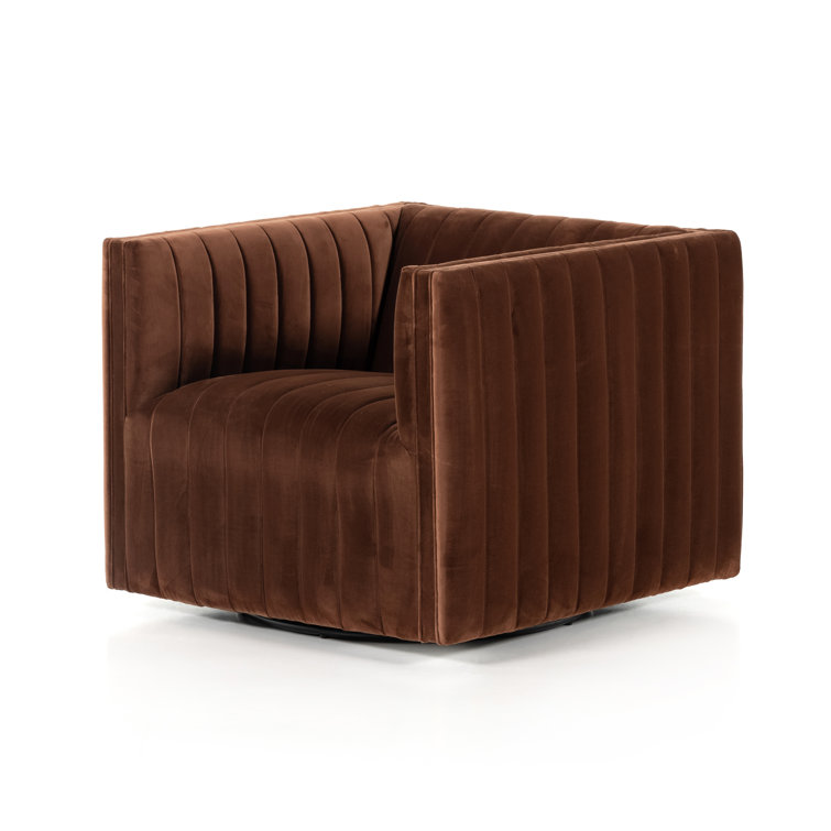 Brown Velvet Swivel Armchair with Wood Frame