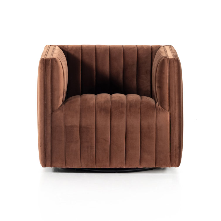 Brown Velvet Swivel Armchair with Wood Frame
