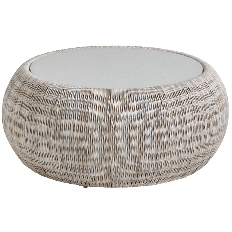 Cream Woven Round Glass Top Cocktail Table