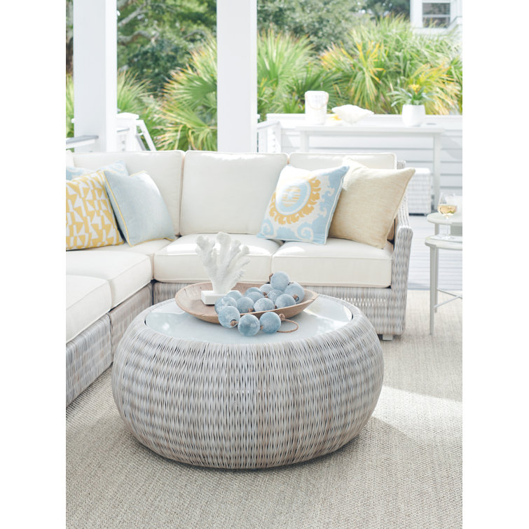 Cream Woven Round Glass Top Cocktail Table