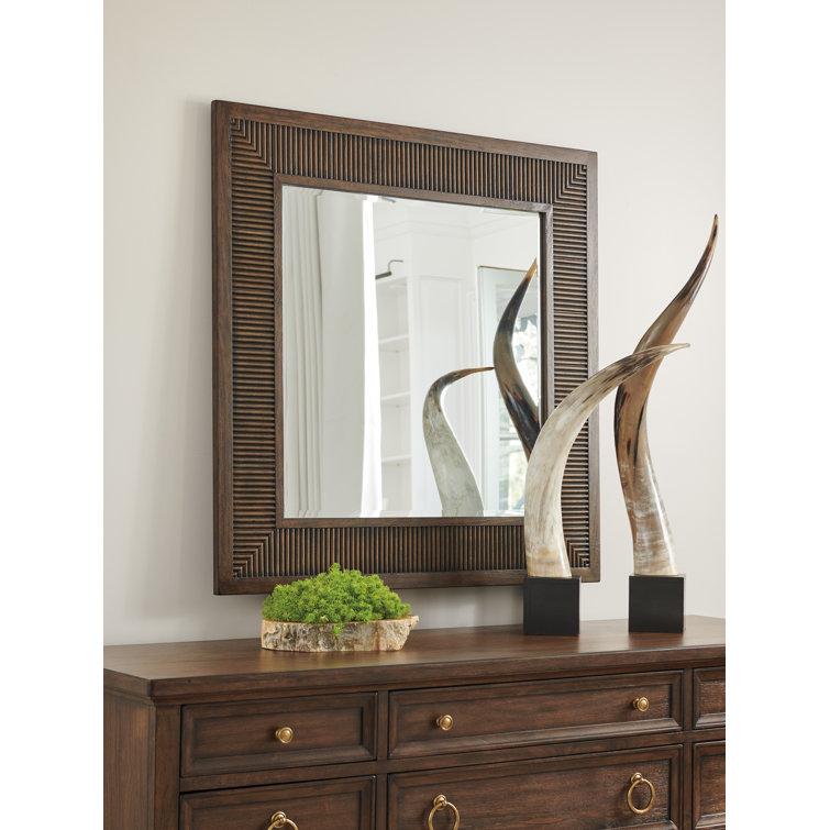 Transitional Mitered Tambour Wood Square Mirror in Brown