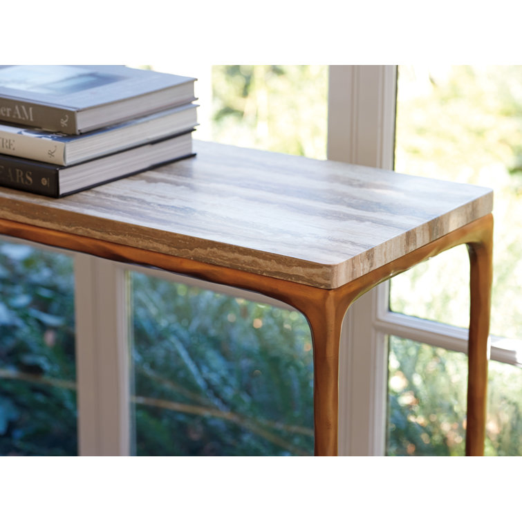 64" Gold and Beige Stone Top Rectangular Console Table